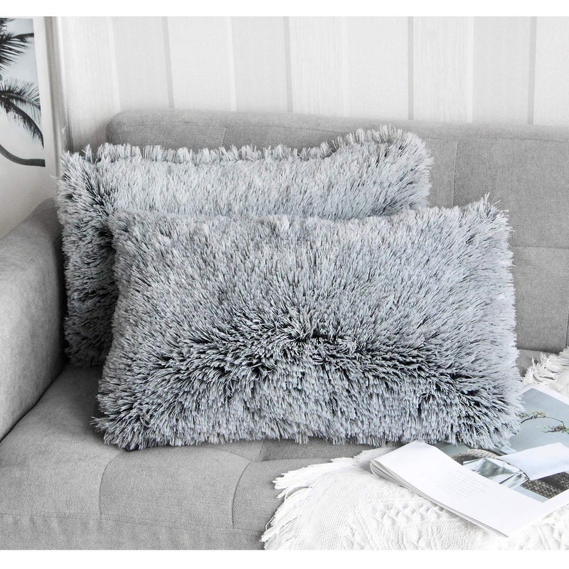 Uhomy 2 Packs Fluffy Accent Pillows Cover 20"x12", Soft Black Ombre Artificial Fur Throw Pillow Case, Modern Luxury Decorative Square Cushion Cover for farmhouse home decor for Sofa/Bed/Chair, 50x30cm - Image 1